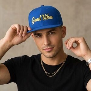 Good Vibes— Snapback Hat Royal Blue & Gold Embroidered Streetwear Cap